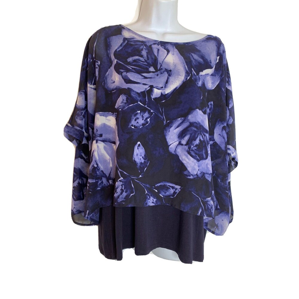 Chicos Blue Purple Rose Double Layer Tank Blouse 2 L Short Sleeve Top (10)